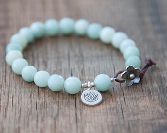 Beaded Bracelet - Amazonite Yoga Bracelet -Thai Silver Lotus Charm - Leather and Thai Silver Flower Closure
