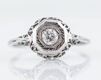 Antique Engagement Ring Art Deco .15 Old European Cut Diamond in 14k White Gold