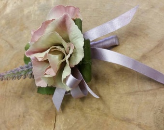 Wedding buttonhole/boutonnire - artificial hydrangea, lavander, foliage and satin.