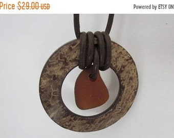 Mothers Day Sale Leather Pendant Sea Glass Necklace Circle Jewelry Gift for Her Beach Glass Treasure Brown Genuine Authentic Beach Find Seag