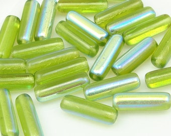 25 Tube Beads -14mm x 4mm OLIVINE AB Beads - Czech Glass Beads - Olive Green Chartreuse Lime Green Beads