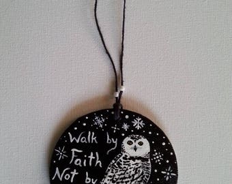 Hand Painted Hanging Wooden Ornament Snowy Owl