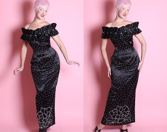 DAZZLING 1960's Custom Made Silk Satin Extreme Hourglass Burlesque Evening Gown w Rose Hem, Off Shoulder Neckline, Rhinestone Details, Train