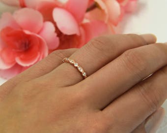 Art Deco Full Eternity Ring, Marquise Wedding Band, Delicate Engagement Ring, Man Made Diamond Simulant, Sterling Silver, Rose Gold Plated