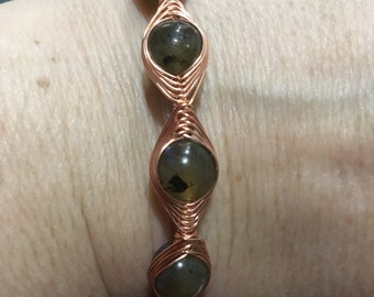 Labradorite & Copper Herringbone Weave Bangle Bracelet