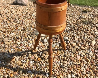 Vintage Wood Firkin Bucket on Legs with Handle Shaker Banded Wood Slats Sewing Box Plant Stand Magazine Rack Plant Barrel