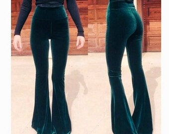 Velvet Bell Bottoms High Waist Flares Festival Clothing Dark Green Solid Velvet Stretchy Pants Hippie Boho Festival Wear Tight High Rise