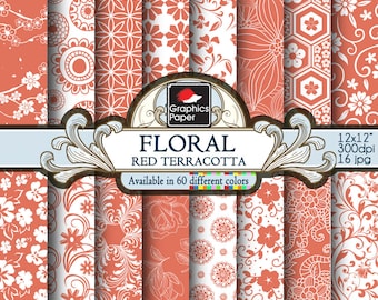 Red Flowers Digital Paper - Red Terracotta Scrapbook Background with Floral Designs - Instant Download - Red Patterns 12x12 inch Pack
