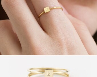 Square Initial Ring • Personalized Ring (or blank) • Stacking Ring • Custom Signet • Hand Stamped • 14k Gold Fill, Sterling Silver, LR456