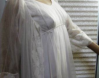 MISS ELAINE Peignoir Set, Vintage 2-Piece Robe & Nightgown, Double Nylon and Lace, 1950s – 1960s, Bridal Peignoir Set, Fabulously Feminine!