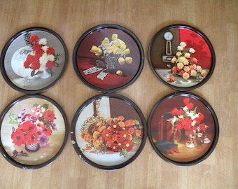 Round metal Trays, Set of 6, serving tray, flowers, mid century