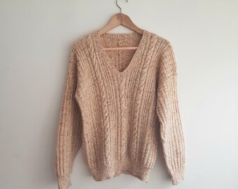 Vintage Aran cable knit beige camel v-neck jumper UK S