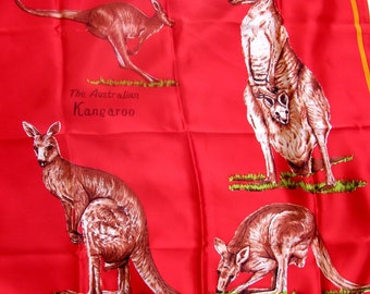 Vintage AUSTRALIA KANGAROO Scarf-Red and Brown-Rectangle 27" Square-Kangaroo Lover