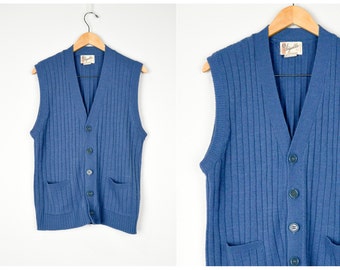 SALE- 70s Cardigan Sweater Vest, Vintage Clothing, 70s Clothing, Retro Cardigan Vest, Grandpa Cardigan, Grunge Cardigan, Blue