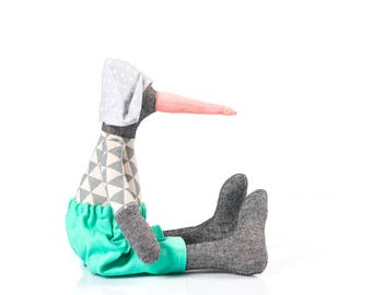 Stuffed bird doll Goose rag doll Plus duck doll Black doll Handmade fabric doll Modern nursery decor Woodland plushie Baby doll Gray mint