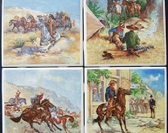 4 Ceramic Tile Remington Scenes cowboy Indians Stagecoach Campfire mural