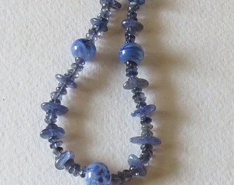 Blue Iolite Necklace with Lampwork Beads and Sterling Silver, Smokeylady54
