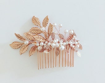Rose Gold Bridal Hair Comb, Twigs and Floral hair comb, pearls hair comb, Wedding Accessory, bridal comb, Crystal, pearl hairpiece, #1006