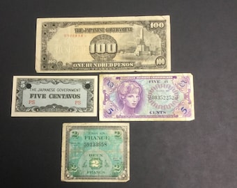 World War II era four piece currency lot