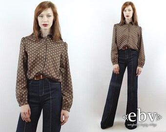 Vintage 70s Brown Blouse M L Printed Blouse Button Up Blouse Longsleeve Blouse Secretary Blouse Button Down Blouse Novelty Print Blouse