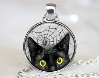 BLACK CAT Pendant Necklace or Keychain, Halloween Jewelry, Spider Web Spiderweb Gothic Jewelry