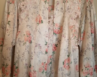 Natori I. Magnin vintage peignoir robe and nightgown set with roses, lavender and lace