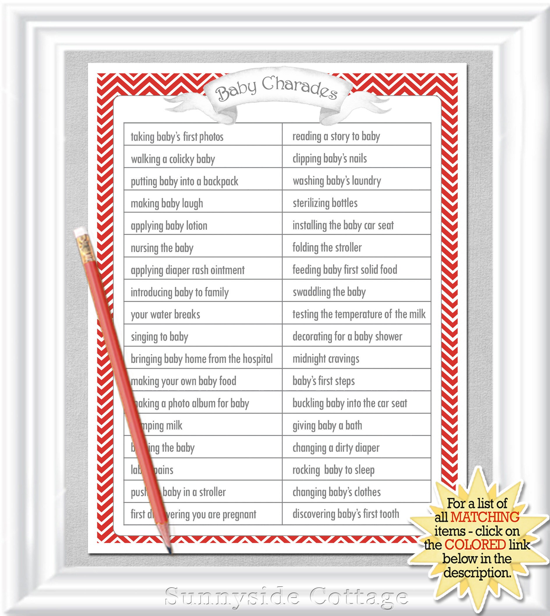 Baby CHARADES game with classic red chevrons Instructions