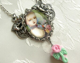 Marie Antoinette necklace, cake charm, let them eat cake, pink necklace, rococco necklace, Marie Antoinette pendant, shabby pink, cake gift