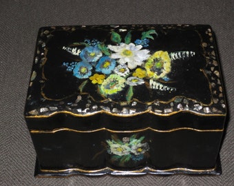 Antique Victorian Papier Mache English Tea Caddy , Tea Box , Abalone , Florals