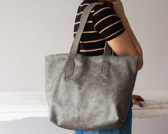 Leather grey tote shoulder bag, raw edge leather purse shopper bag womens large market bag unlined leather tote - Calisto bag