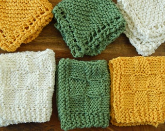 Knit Cotton Washcloth Set -Knit Cotton Dishcloth Set -Green Dishcloth -Yellow Dishcloth -White Dishcloth -Knit Cotton Dishtowel Set