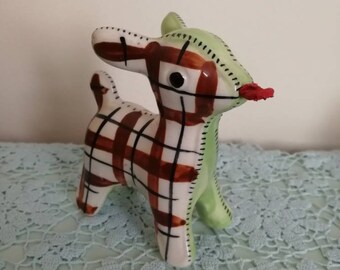 Vintage kitsch rare green and red gingham deer tape measure ornament
