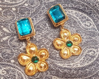 Kenzo Flower Earrings Clip On Green Gold Signed