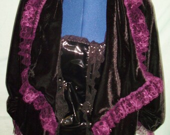 gothic/burlesque black velvet diagonal cut jacket,size 12.purple laced edges