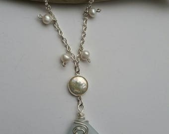 Soft blue sea glass and freshwater pearl necklace