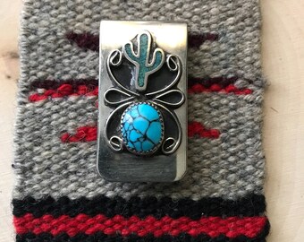 Vintage 80s turquoise cactus nickle silver money clip