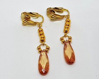 Cut glass dangle earrings-24k gold plated beads-Elegant shell clip on fittings