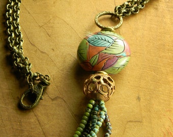 Tribal Tassel Necklace Boho Pendant Blue Green Purple African Brass