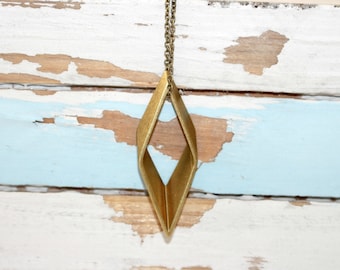 Large Rhombus Three Dimensional Pendant ,Vintage Cut Brass ,Geometric Modern Necklace, Diamond Shaped