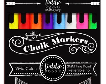 Loddie Doddie 8ct FINE POINT (3mm) Chalk Markers- VIVID Colors for use on Chalk, Dry Erase and Glass surfaces