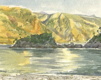 Mountains, islands and sea, original watercolor painting