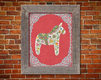 Floral Wycinanki Flower Style Swedish Dala Horse Folk Art Floral Housewarming Gift 8 x 10 or 11 x 14 Nursery Scandinavian