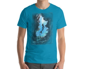 Art T Shirt "Underwater Cave". Watercolour Art Print, Mermaid T Shirt, Fantastic Creature, Gift for Divers, Diving, Ocean Art