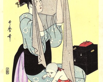 Japanese Ukiyoe, Woodblock print, antique, Utamaro, "Needlework"