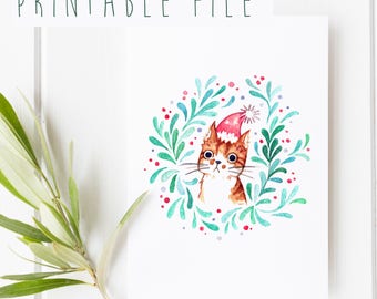 2 PRINTABLE Christmas Cards | Watercolor Illustration, Cute Holiday Cards, Greeting Card Printables, DIY Gift Cards, Cat Portrait, Download