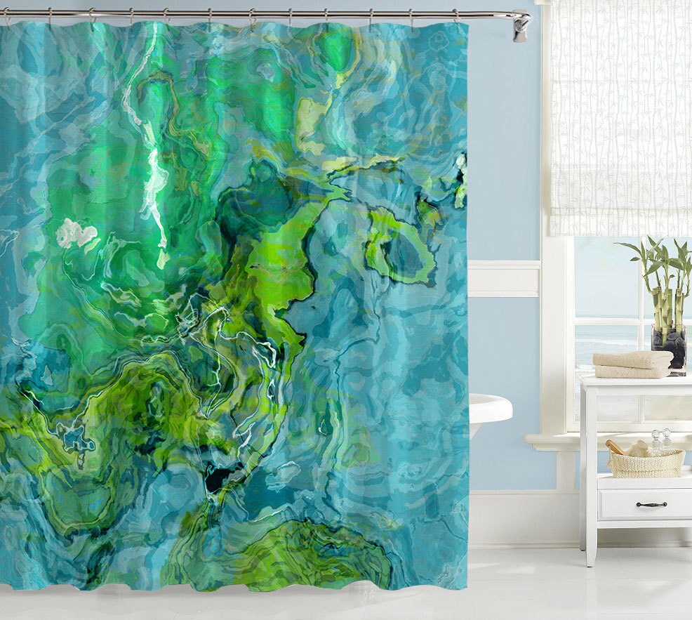 Abstract art shower curtain contemporary bathroom decor aqua