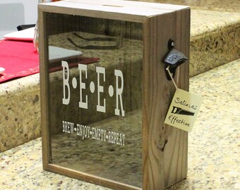 Beer Cap Shadow Box, 10.5"x13.5"-Very Big, Rustic Reclaimed Wood, With a bottle opener, 3 different stickers to pick from.