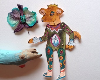 original paper doll articulated, articulated decoration, imaginary animal hand painted hand cut, original wall art, illustration, animal art