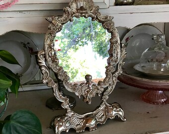 Free Standing Silverplate Vanity Mirror with Cherubs, Swivel Make up Mirror with Cherub Angels, Table Top Mirror, Tilting Vanity Mirror, #7