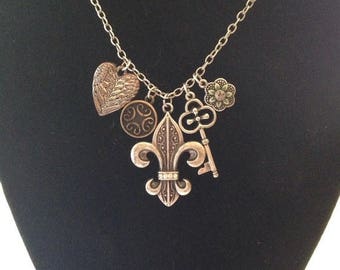 On Sale Antiqued Silver Long Signed Charm Necklace Fleur De Lis